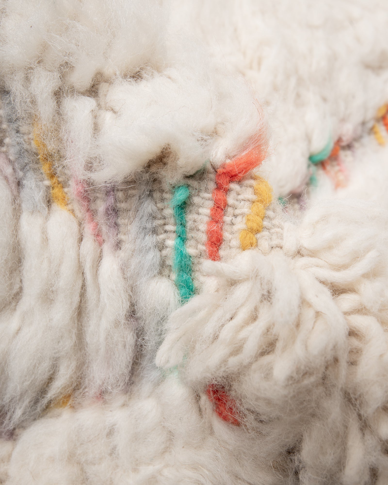 Modern, designer, handcrafted Berber rug from Morocco. Beniourain carpet with beautiful colours and patterns and fluffy wool texture.